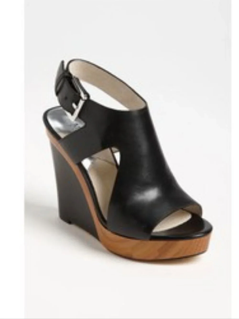 Michael Kors Black Leather Slingback Wedge Sandals with Wood-Trim Platform